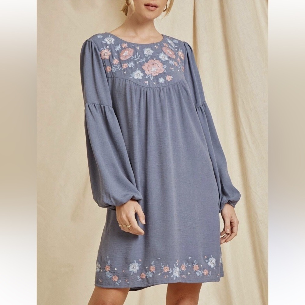 NWT SAVANNAH JANE M Embroidered floral balloon sleeve midi dress shabby chic